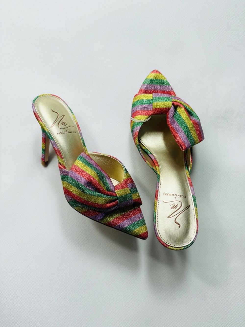 ANTONIO MELANI Rainbow Striped Bow Pointed Mules - Multicolor Glitter